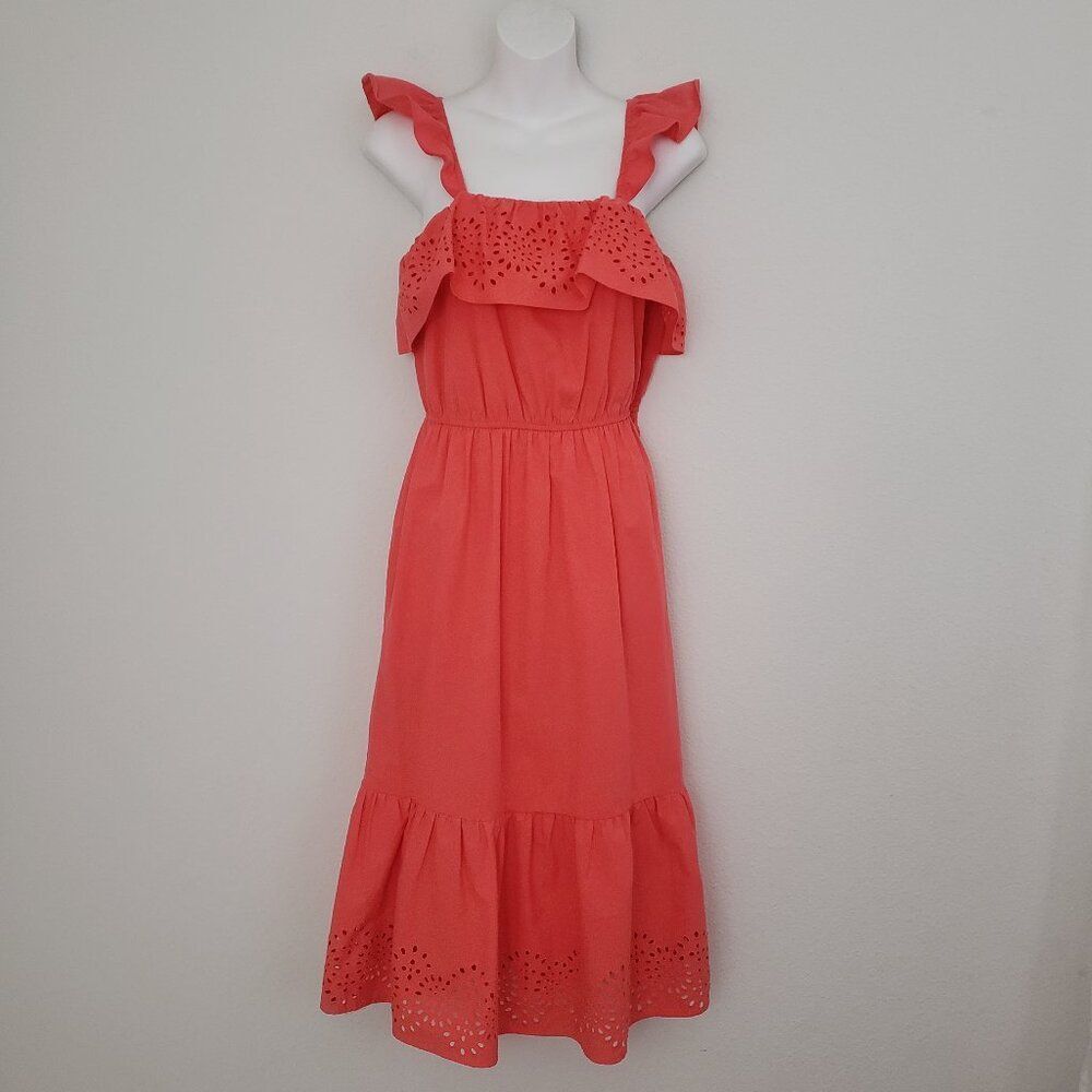 Lauren Conrad Midi Dress Small Orange Eyelet Ruffles Tiered Cottagecore Summer